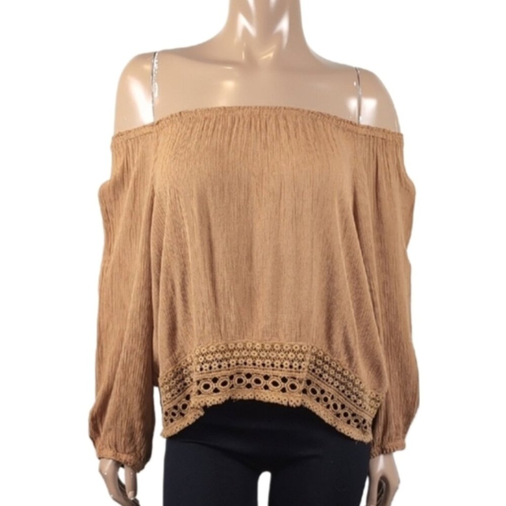 Ardene Boho Peasant Top Off Shoulder Long Sleeve Tan Crochet Trim Blouse